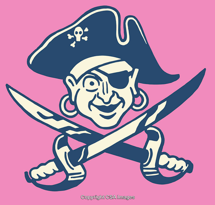 Cartoon Pirate Illustration Featuring Crossed Cutlasses on Pink Background