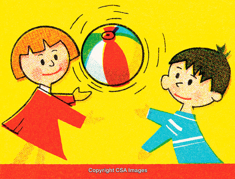 Colorful Illustration of Children Playing With a Beach Ball