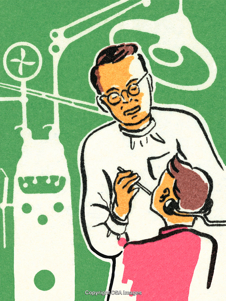 Retro Style Illustration Depicting a Dentist and Patient Treatment Scene