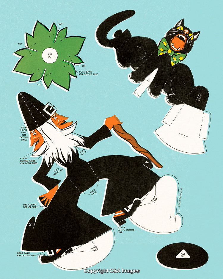 Vintage Cutout Witch and Cat Halloween Craft on Blue Background