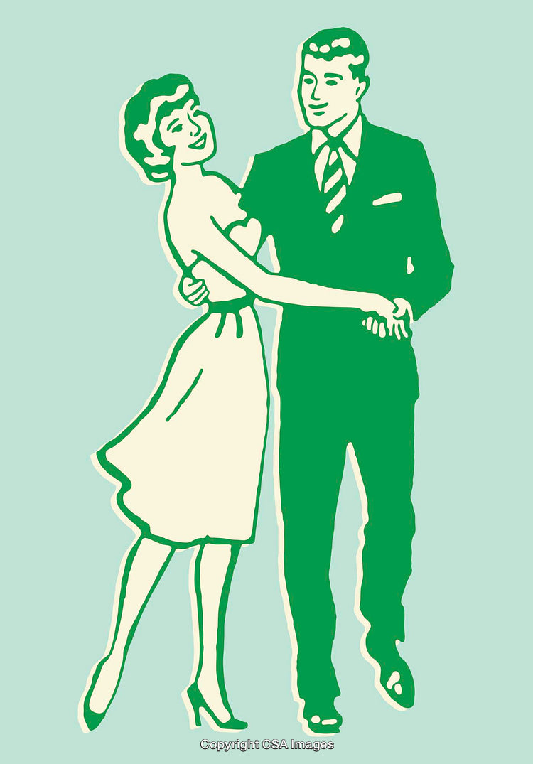 Retro Line Art Illustration of a Happy Dancing Couple