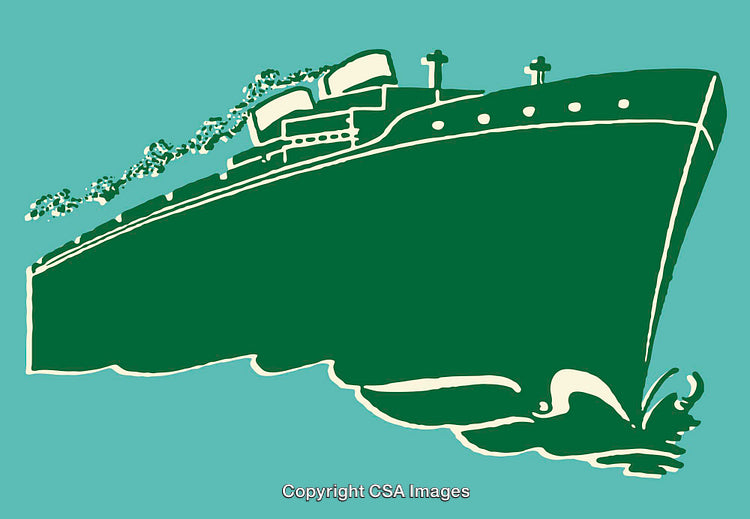 Stylized Illustration of a Nautical Ship in Green and Blue Tones