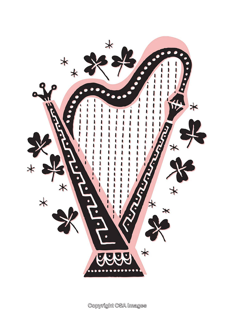 Stylized Illustration of Harp and Clovers with Elegant Graphic Details