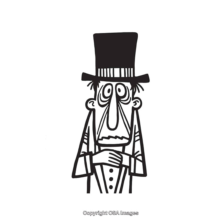 Hand-Drawn Cartoon Man Wearing Top Hat in Black and White Line Style