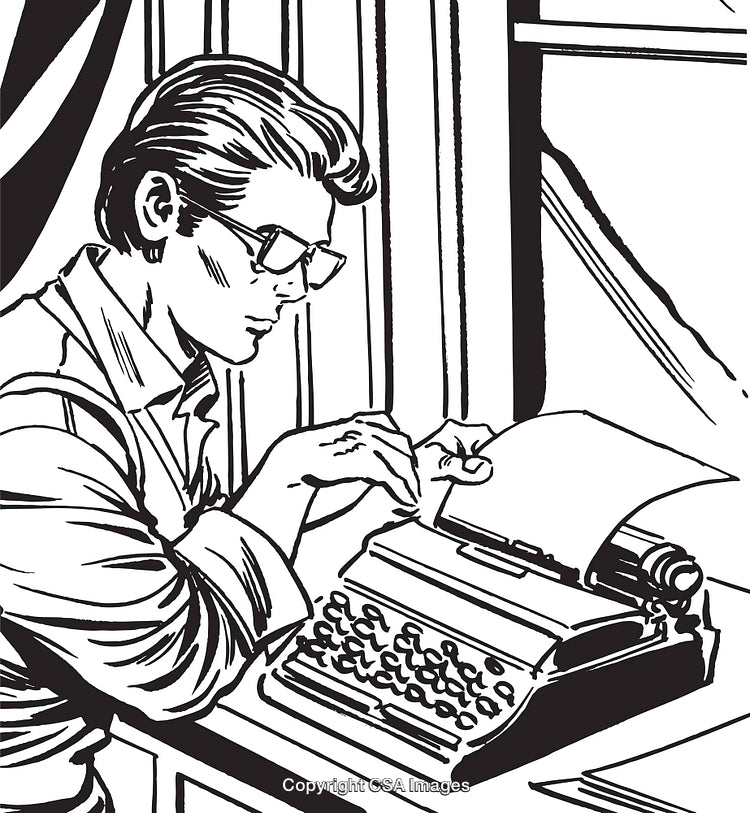 Retro Style Illustration of a Writer Typing on a Typewriter Near a Window
