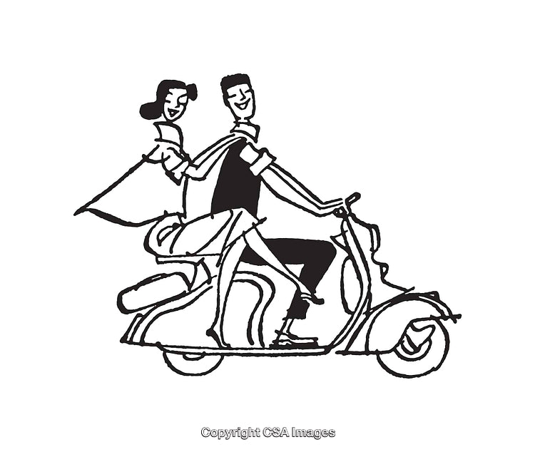 Couple Riding a Scooter in Black and White Line Art Illustration