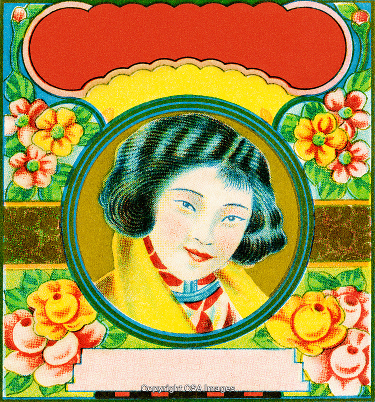 Decorative Vintage Artwork Featuring A Woman with Floral Frame and Bright Colors