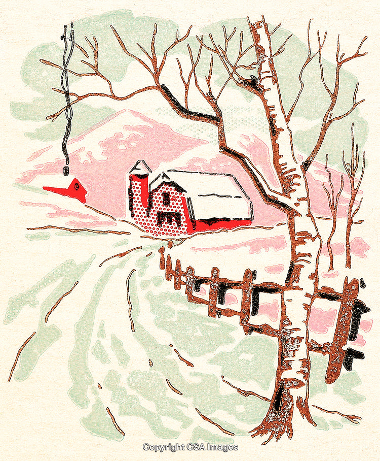 Scenic Winter Landscape with Farmhouse and Bare Trees