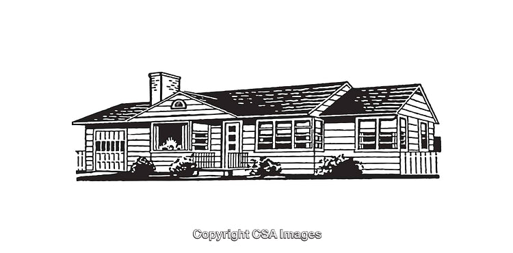 Black and White Line Art of a Suburban Family Home Design