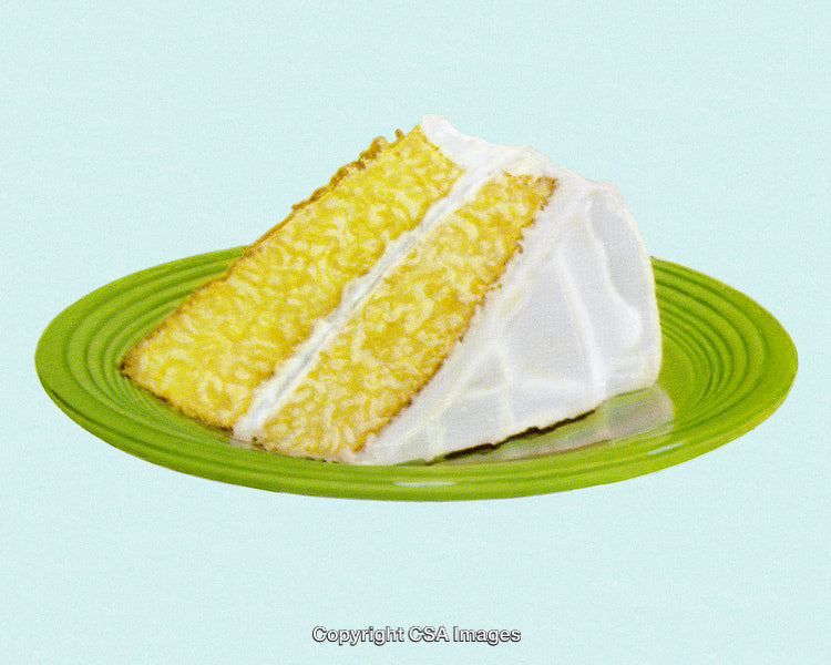 Stylized Slice of Yellow Cake with Cream Frosting on a Green Plate
