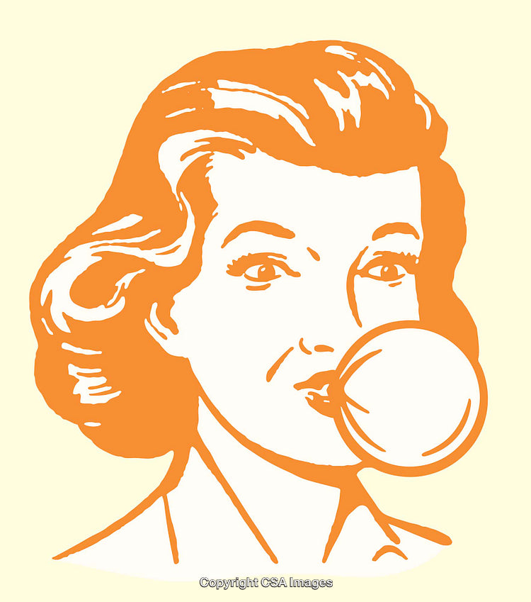 Retro Illustration of Woman Chewing Bubblegum with Stylish Hair Design