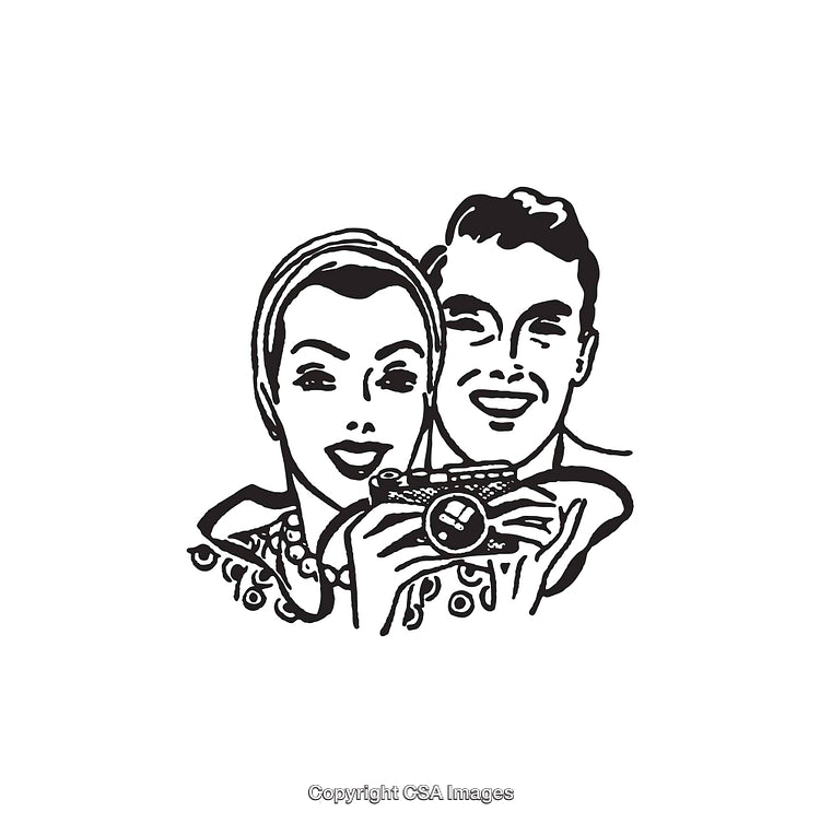 Vintage Style Illustration of Smiling Couple Holding a Camera Together