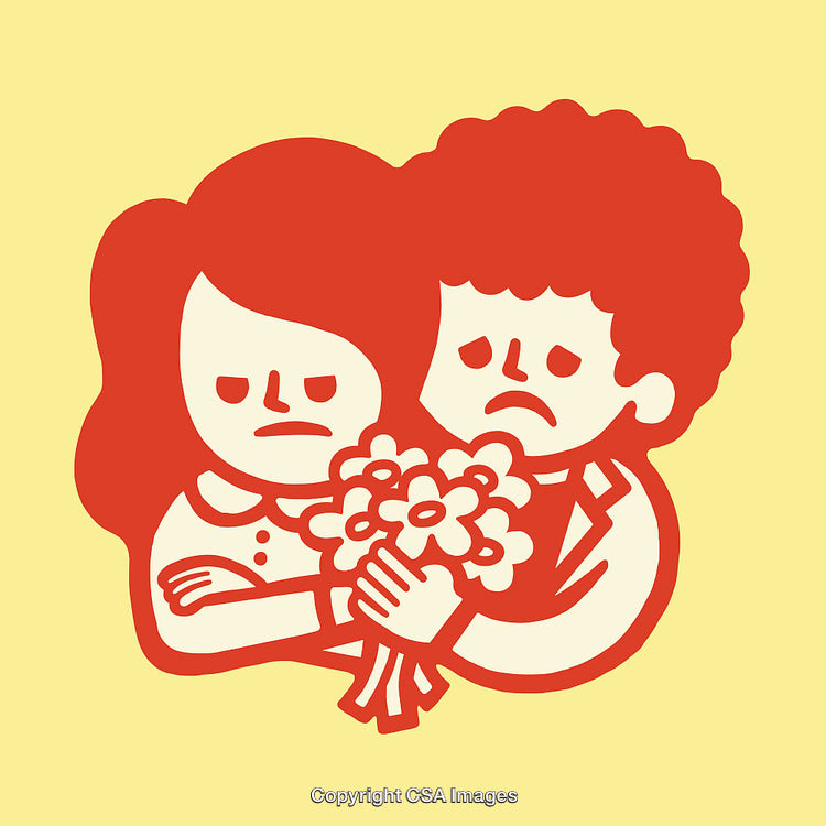 Cartoon Illustration of a Lovingly Ironic Couple Sharing Flowers