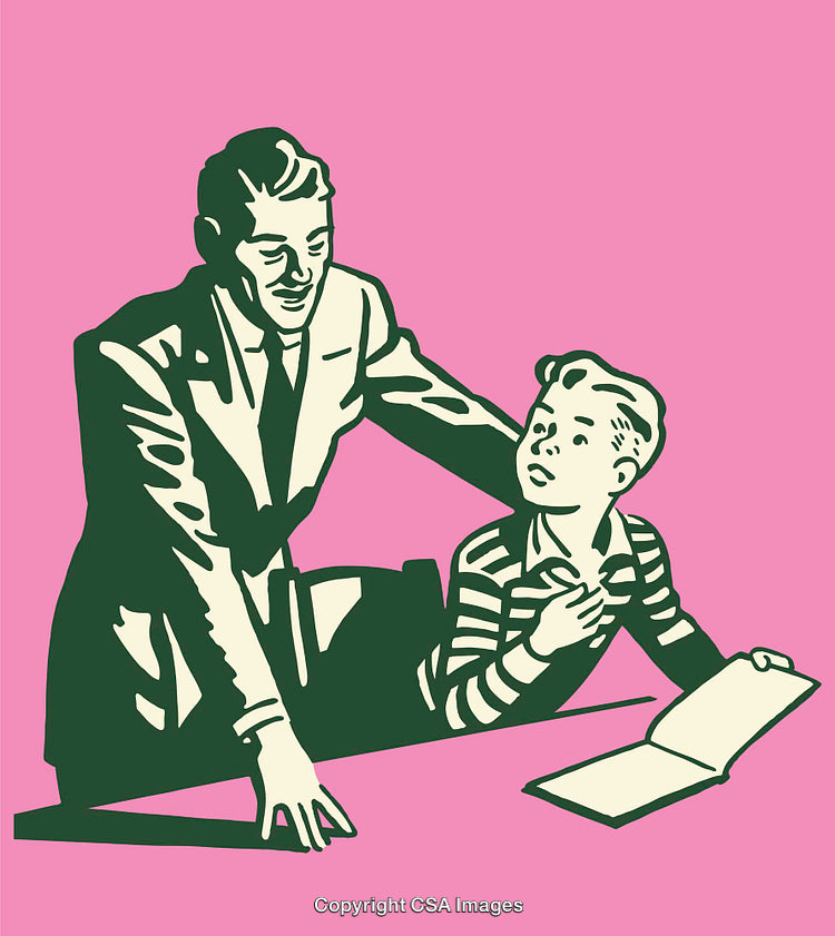 Retro Illustration of Father and Son Discussing Homework at Desk