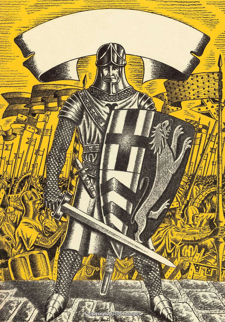 Medieval Knight With Sword and Shield Facing a Battlefield Scene