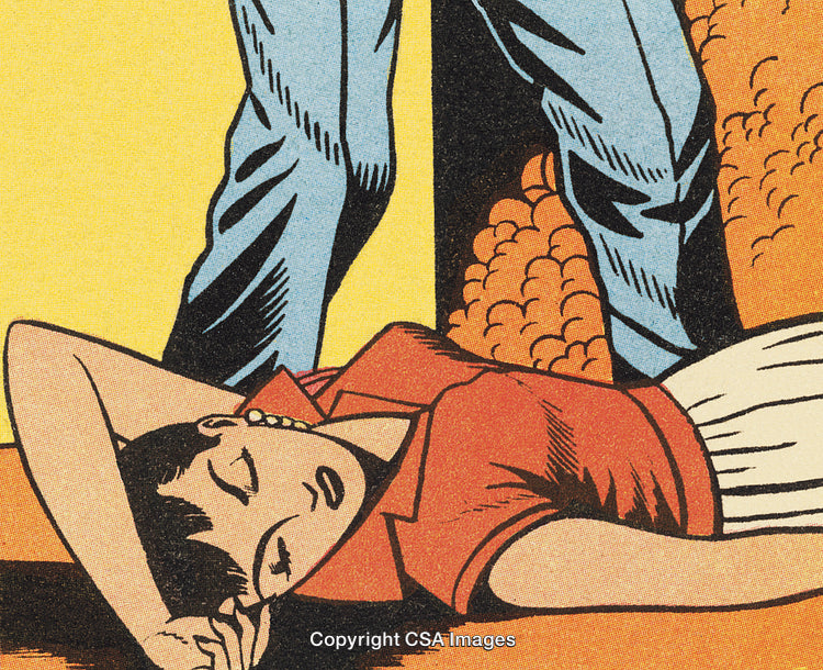 Vintage Comic Style Woman Resting with Person Standing Nearby
