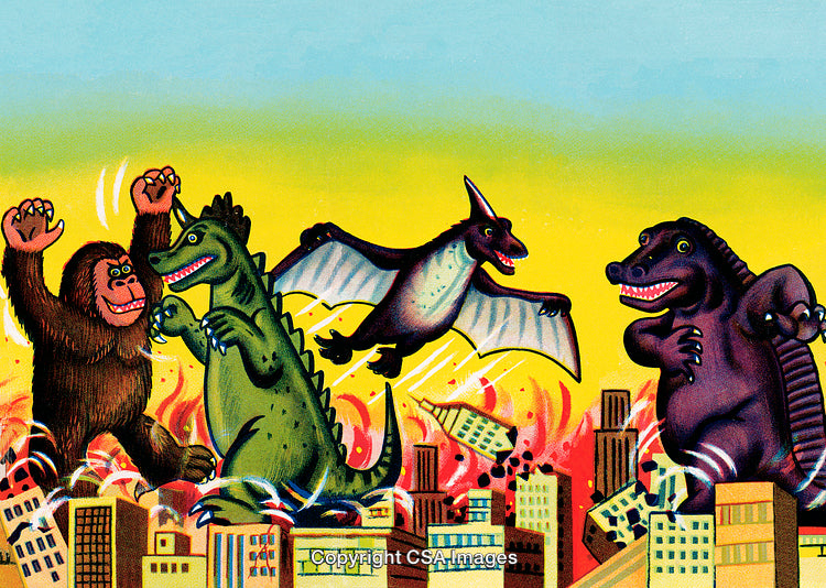 Monsters Battling in a Fiery Cityscape with Vibrant Colors and Dramatic Action