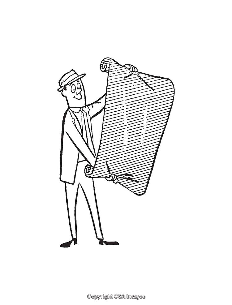 Vintage Line Art of a Man Holding a Large Scroll Document