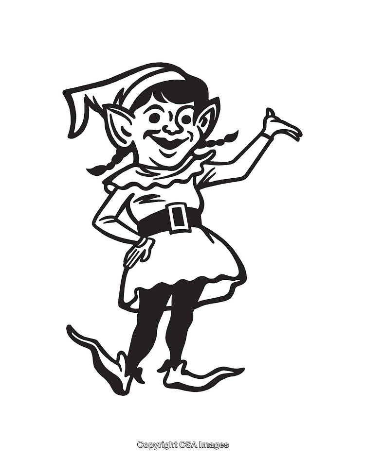 Black And White Line Art Illustration of a Cheerful Elf