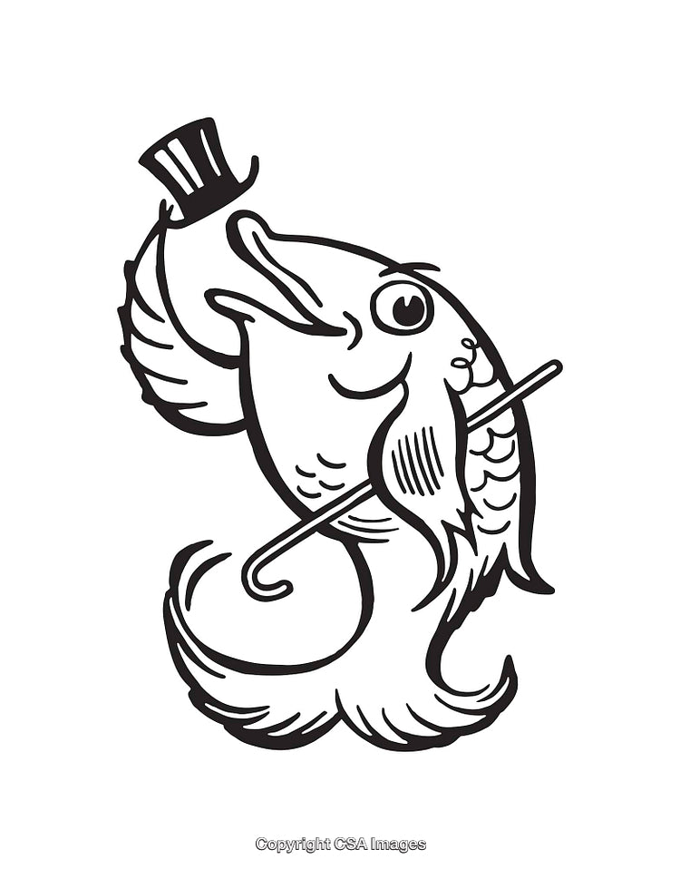 Elegant Line Art of a Fish in a High Hat and Cane