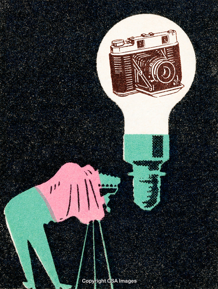 Creative Illustration Merging Vintage Camera, Photography Elements, and Lightbulb Imagery