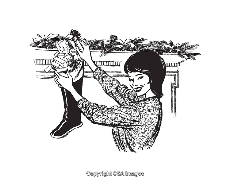 Woman Hanging Christmas Stocking in Black and White Illustration