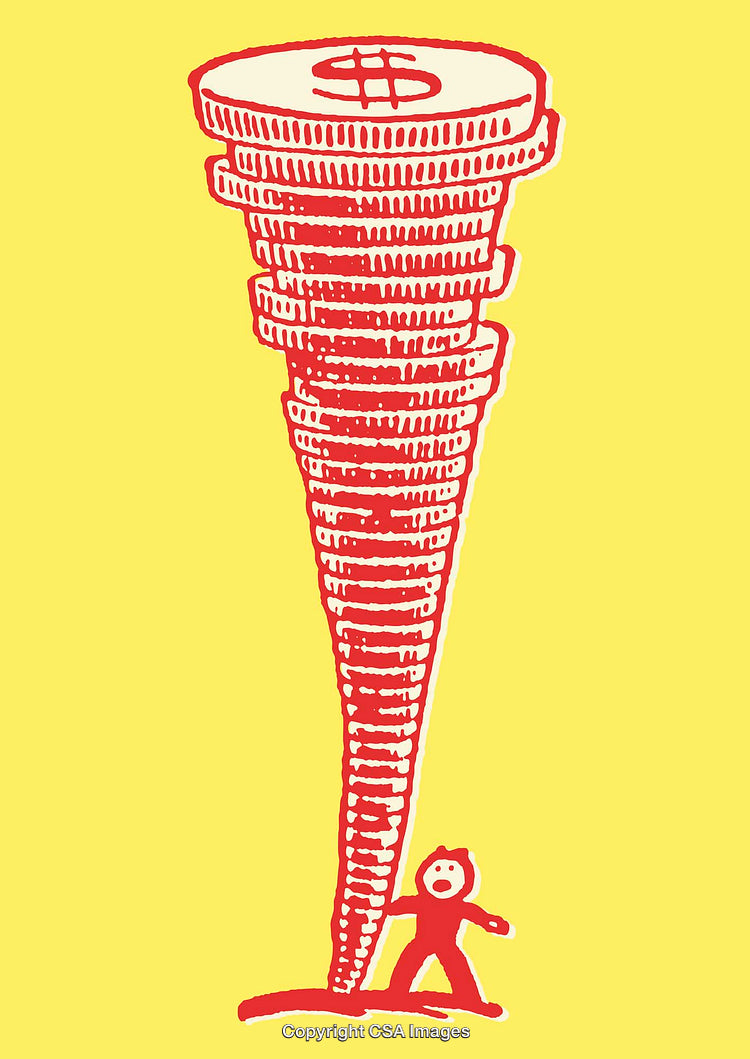 Red Line Art Illustration of Money Tornado and Human Figure