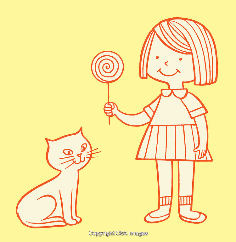 Cute Line Art Illustration of Girl and Cat with Colorful Whimsical Elements