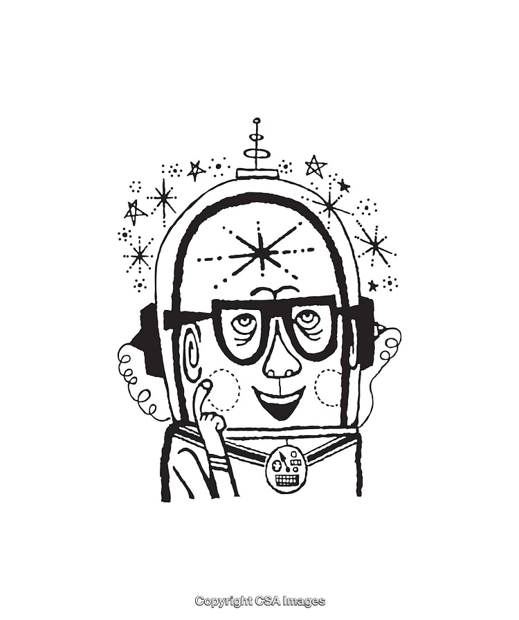 Whimsical Black and White Robot Character Line Art with Creative Details