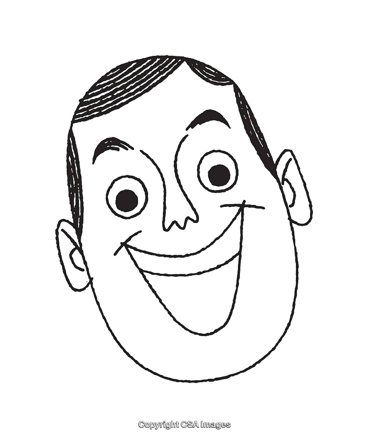 Black and White Line Art of Smiling Face With Cartoon Features
