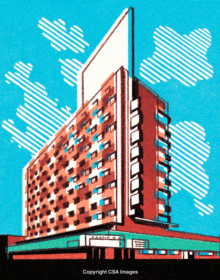 Abstract Illustration of Modern High-Rise Building with Blue Sky Background