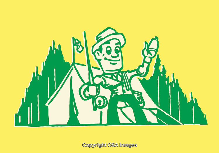 Colorful Camping Illustration of Happy Explorer With Tent and Forest