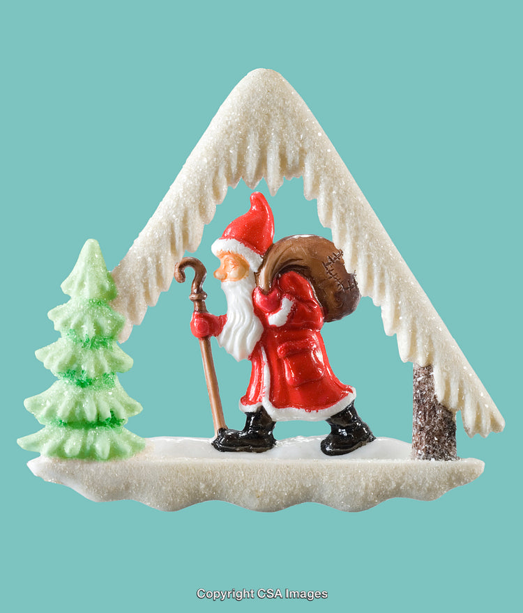 Santa Figurine with Sack and Christmas Tree on Snowy Base