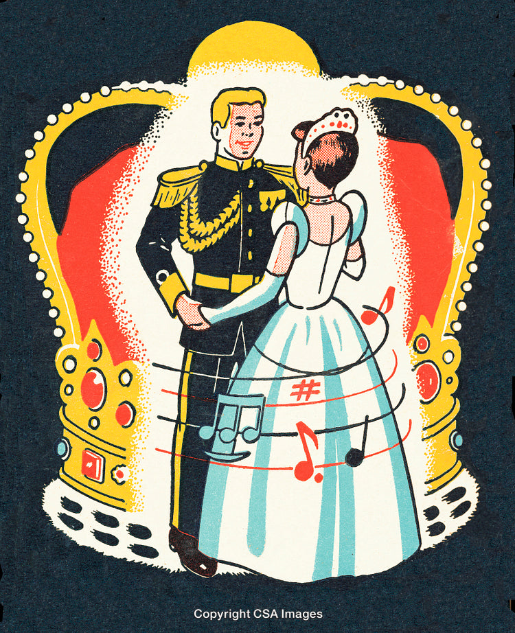 Royal Dance Scene with Couple in Elegant Attire and Musical Notes