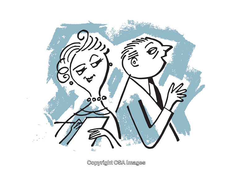 Playful Illustration of a Stylish Couple with Expressive Poses and Blue Details