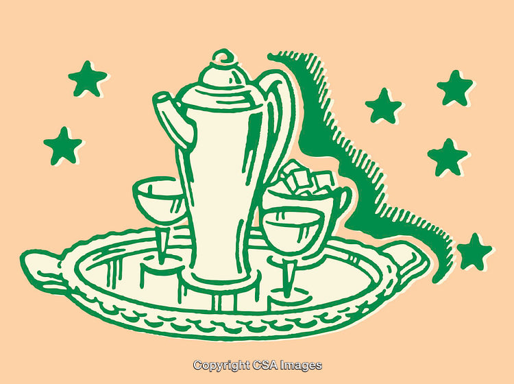 Retro Style Green Line Art Illustration of Tea Set With Stars