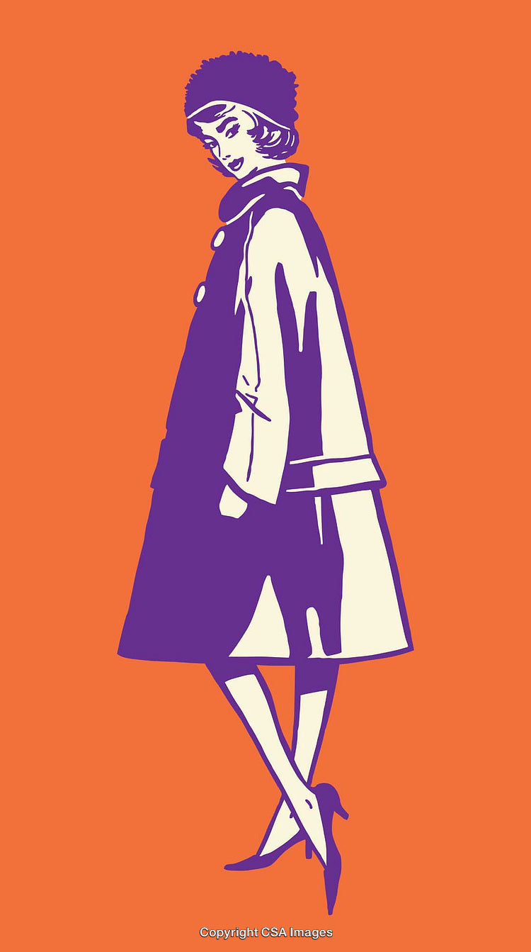 Retro Fashion Line Art Illustration with Bold Colors on Orange Background
