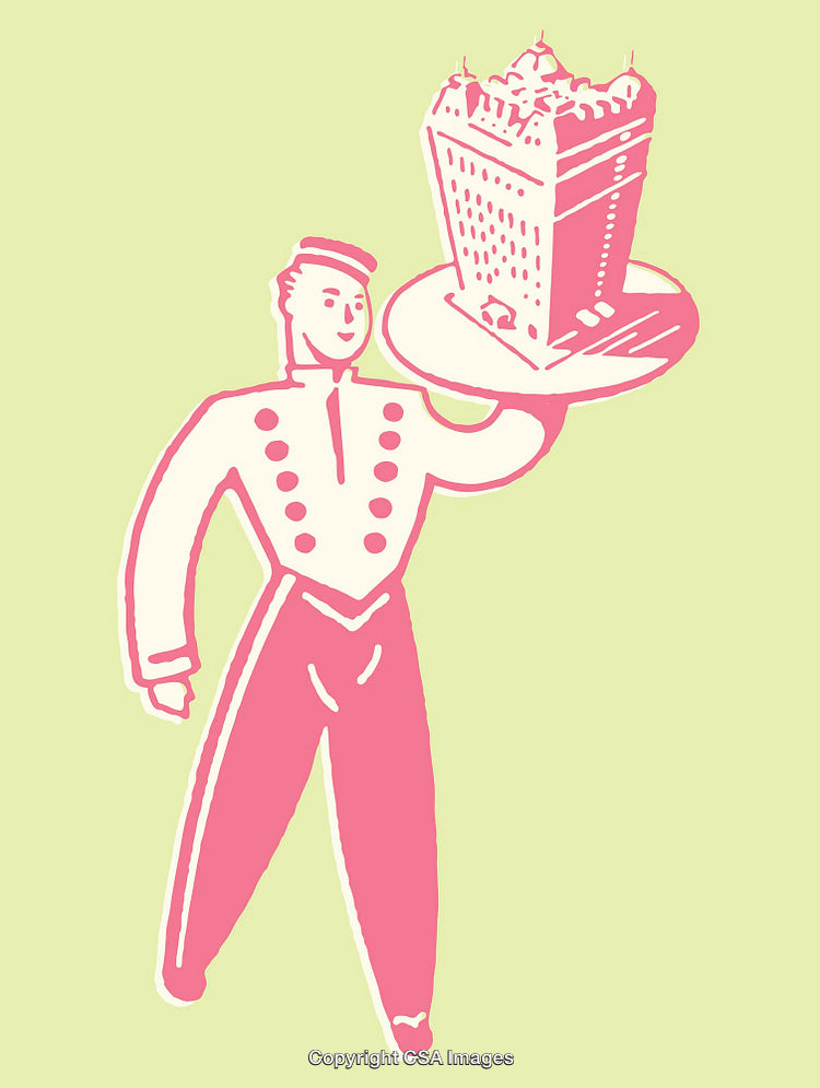 Retro Line Art Illustration of a Waiter Holding a Stylized Cake