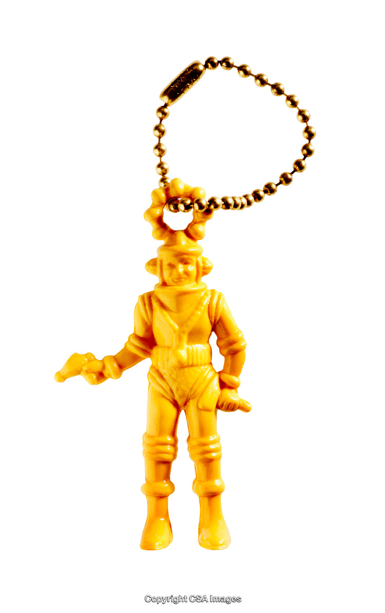 Yellow Plastic Space Figure Keychain with a Sci-Fi Design