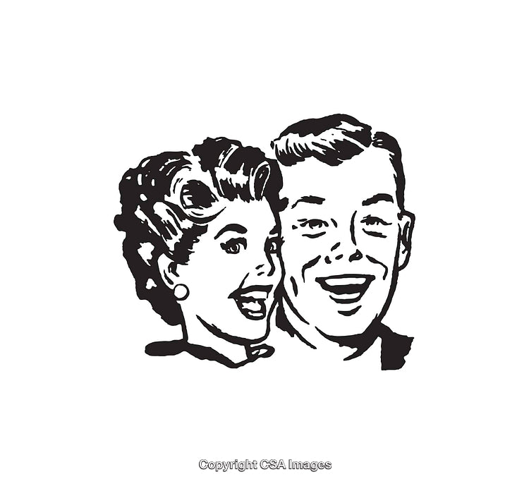 Vintage Black and White Line Art of a Smiling Couple