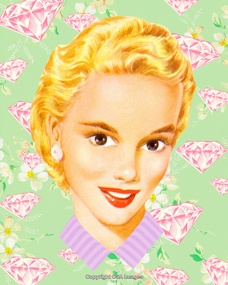 Retro Inspired Illustration of a Smiling Woman with Pink Diamonds and Flowers