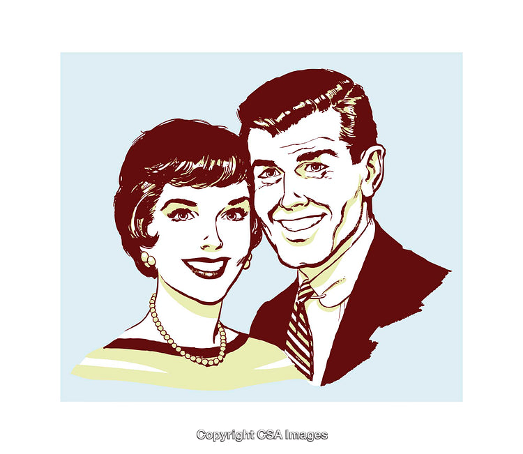 Retro Style Illustration of a Smiling Couple in Classic Attire