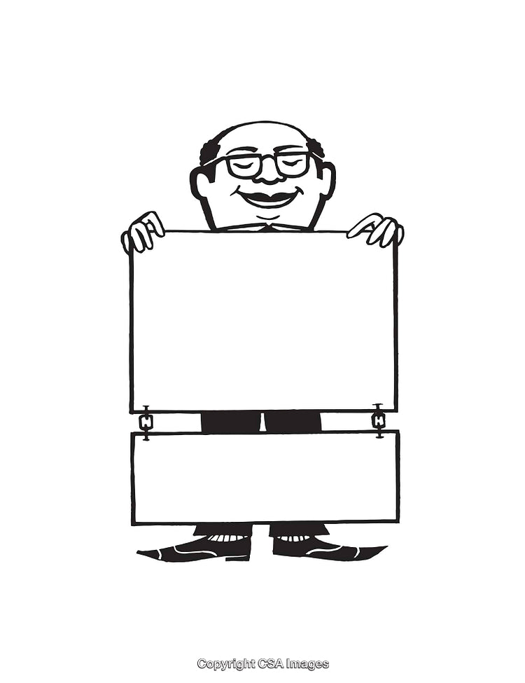 Black and White Illustration of a Smiling Man Holding Blank Signs