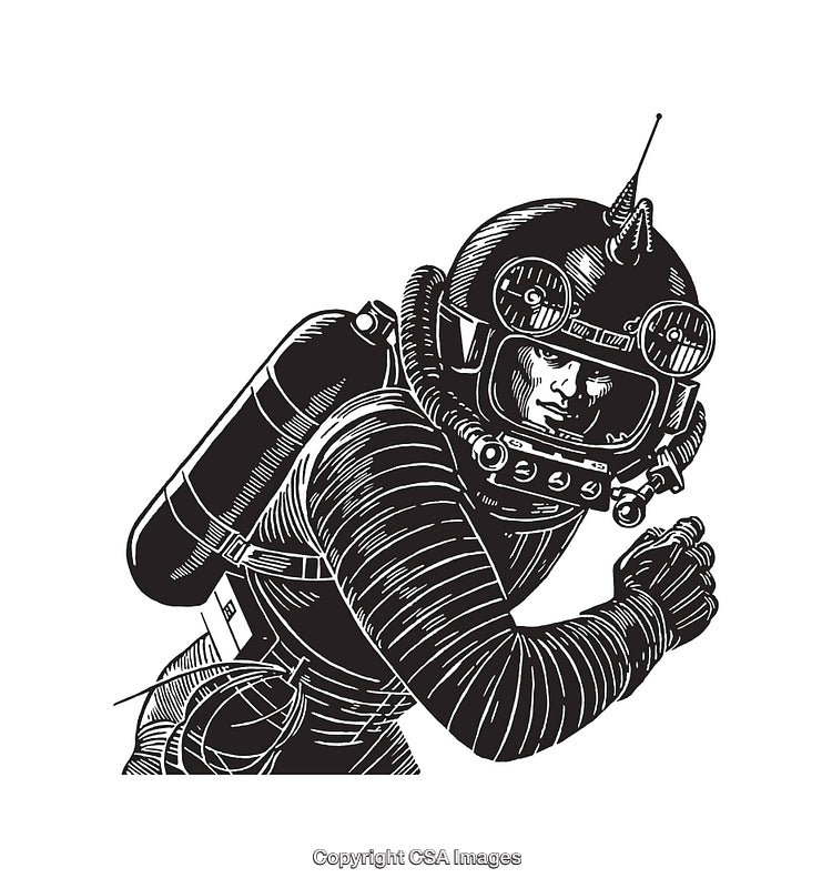 Black and White Illustration of a Retro Futuristic Astronaut in Detailed Spacesuit