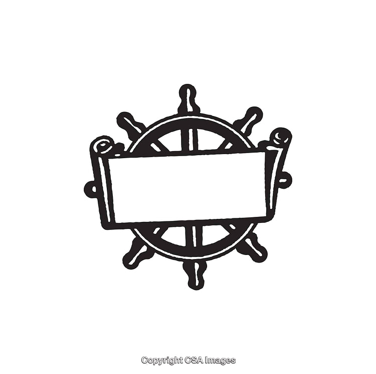 Vintage Helm Illustration with Blank Scroll Banner in Black and White