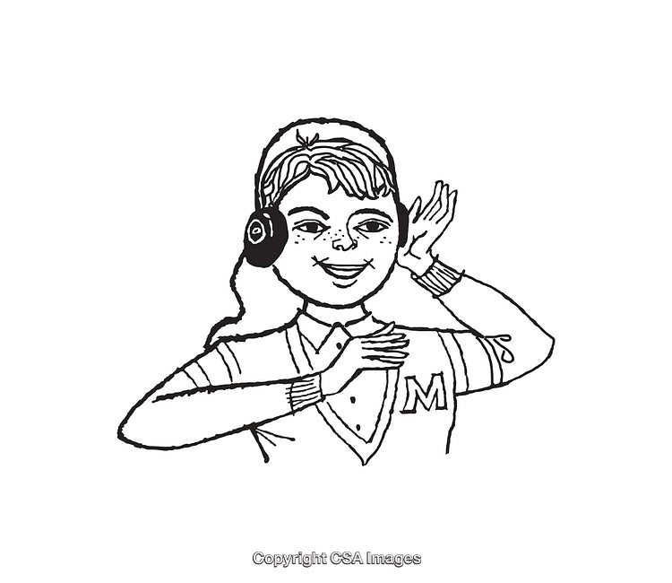 Black and White Line Art Illustration of a Cheerful Girl Listening to Music
