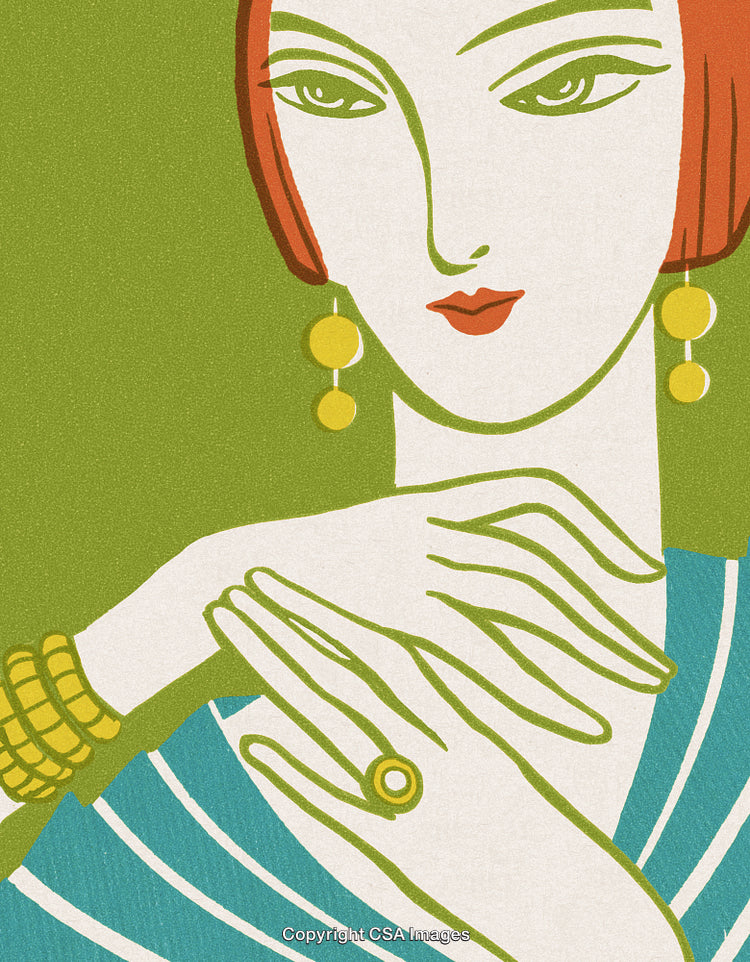 Elegant Art Deco Illustration of a Stylish Woman in Colorful Attire