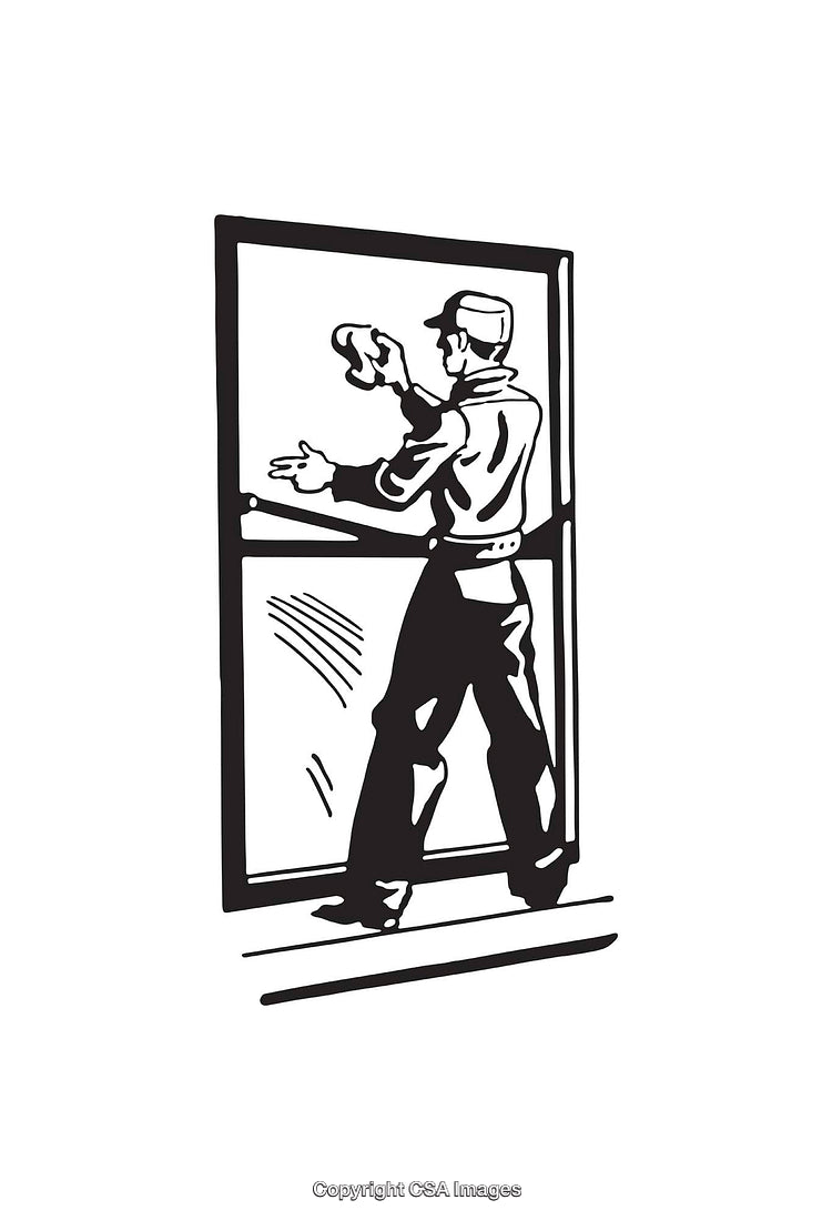 Worker Cleaning Glass Surface in Black and White Line Art Illustration