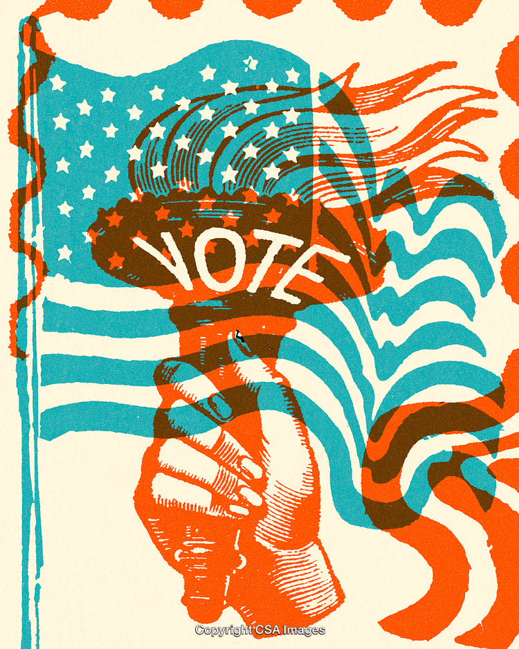 Illustration of Patriotic Hand Holding Torch with Vote and Flag Design