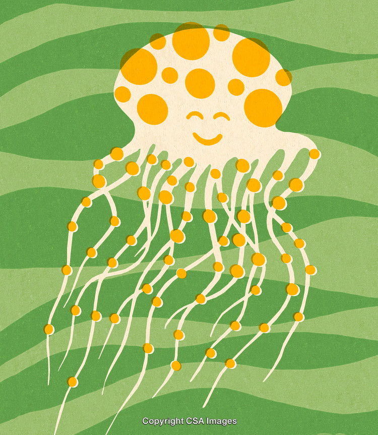 Colorful Illustration of a Smiling Jellyfish in a Vibrant Background